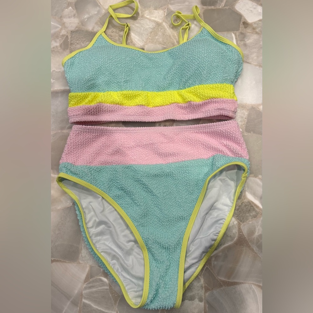 NWOT Women’s Colorblock High-Waist Bikini Set - Pastel Pink, Light Blue & Lime - Picture 2 of 4